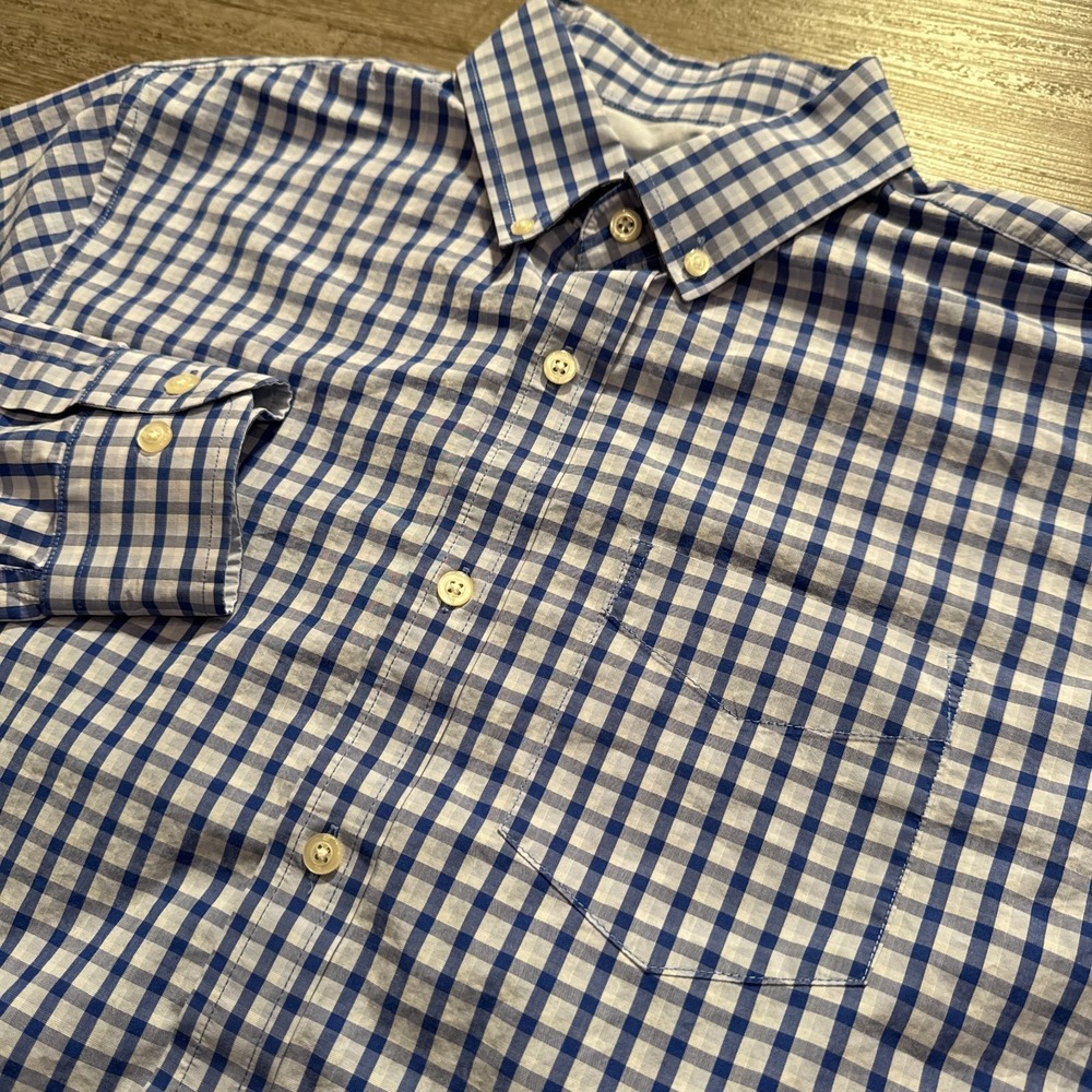 Banana Republic Shirt Mens Medium Blue Plaid Luxe Stretch Poplin Preppy Casual